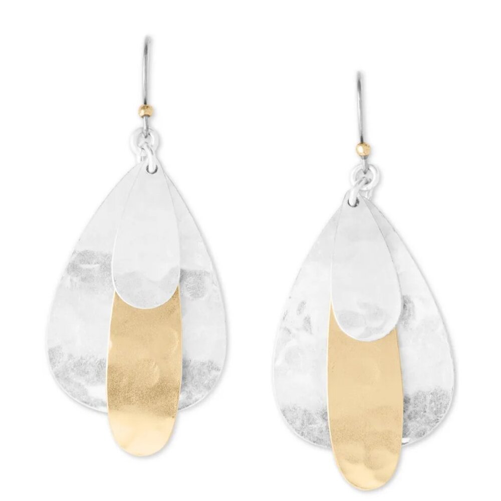 NWT LUCKY BRAND Tri-Tone Hammered Paddle Drop Earrings Silver l Gold